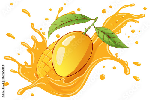 Sweet Mango Liquid Splash with Leaves Clipart