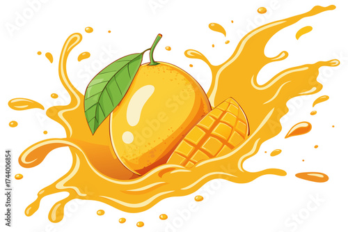 Sweet Mango Liquid Splash with Leaves Clipart