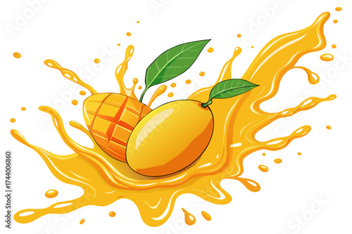 Sweet Mango Liquid Splash with Leaves Clipart