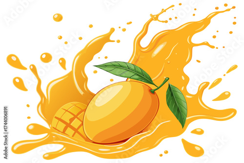 Sweet Mango Liquid Splash with Leaves Clipart