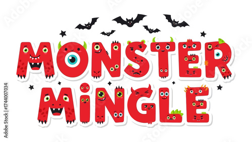 Monster Mingle Illustration: A vibrant and whimsical illustration of the words Monster Mingle creatively designed with a playful and cartoonish aesthetic, perfect for themed events or promotions.