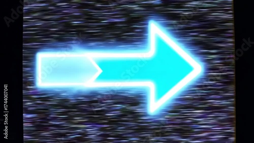 Minimal retro bold hand-drawn arrow infinitely. VHS static texture overlays scene, analog tape distortions glitch lines, fuzzy flickering. Bad signal look, nostalgic 1990s video cassette recorder 4k