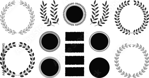 Black and white ornamental circular and rectangular frame set, laurel wreath and vintage border design for logo and certificate
