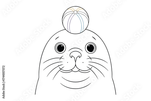 Cute seal balancing colorful beach ball head cartoon animal kids