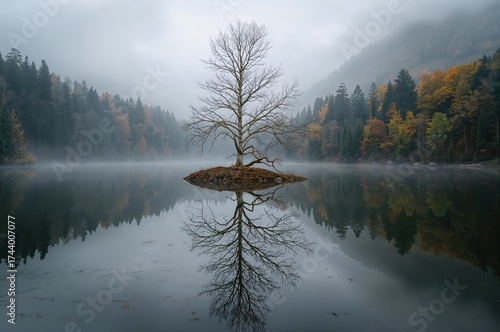 Misty Autumn Forest Surroun...