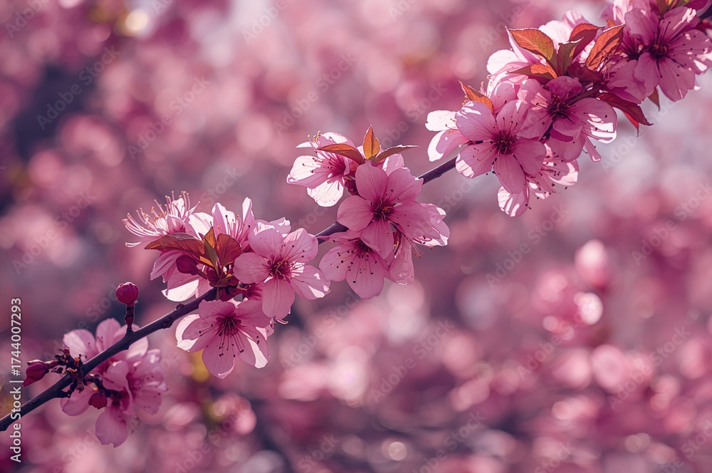Fototapeta premium Blooming purple leaf plum flowers in early spring on tree branches