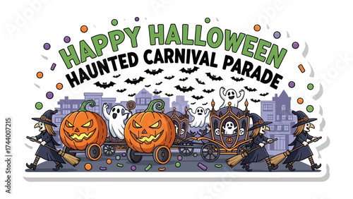 Halloween Carnival Parade: The festive spirit of Halloween is vividly captured in this delightful illustration, showcasing a spooky carnival parade brimming with jack-o'-lanterns, ghostly figures.