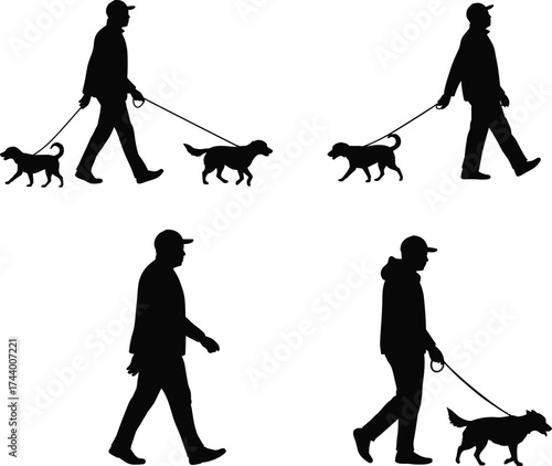 Dog walking silhouettes, people with pets vector, outdoor lifestyle illustration, pet owner artwork, companionship design graphic, animal activity concept, cad drawing flat vector
