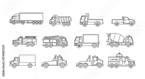 Collection of various truck types hand drawn sketch style transport vehicles for logistics and delivery vector