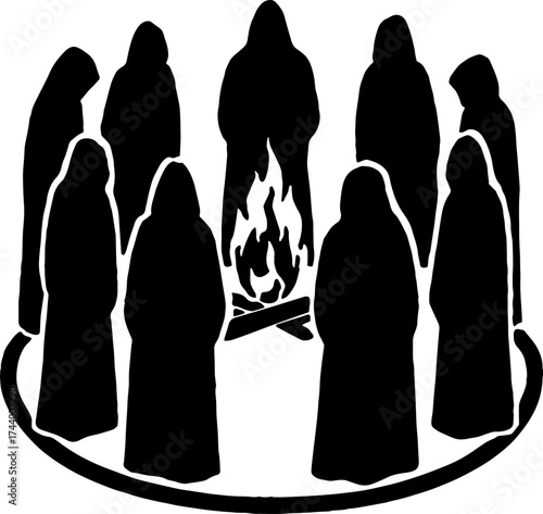 Group of hooded humans forming circle around fire - ritual silhouette vector with white background 