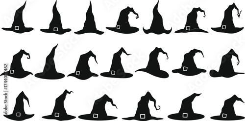 Collection of witch hat silhouettes vector set, Halloween costume accessory icons, spooky wizard hats illustration for decoration, magic, party, and holiday design