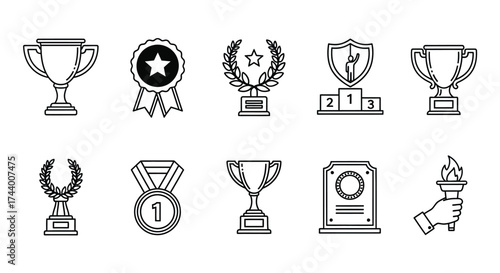 Collection of award trophies medals ribbons and torch icons celebrating victory and achievement vector