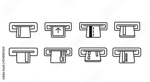 Set of atm card insertion and retrieval icons for financial transactions and technology concepts vector