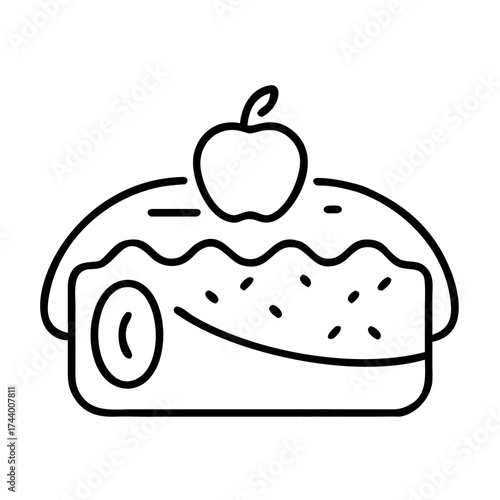 Apple strudel slice with apple on top in minimalist outline design for Oktoberfest concept