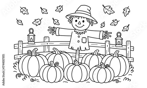 Autumn coloring page: scarecrow and pumpkins with falling leaves