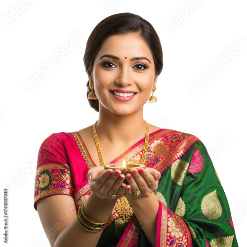 Beautiful indian woman holding a diya isolated on transparent background