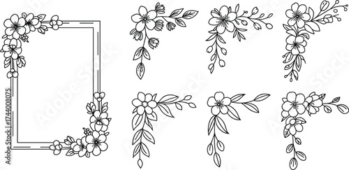Elegant floral frame and corner flower line art set for decorative design, minimal vector illustration for invitations and templates