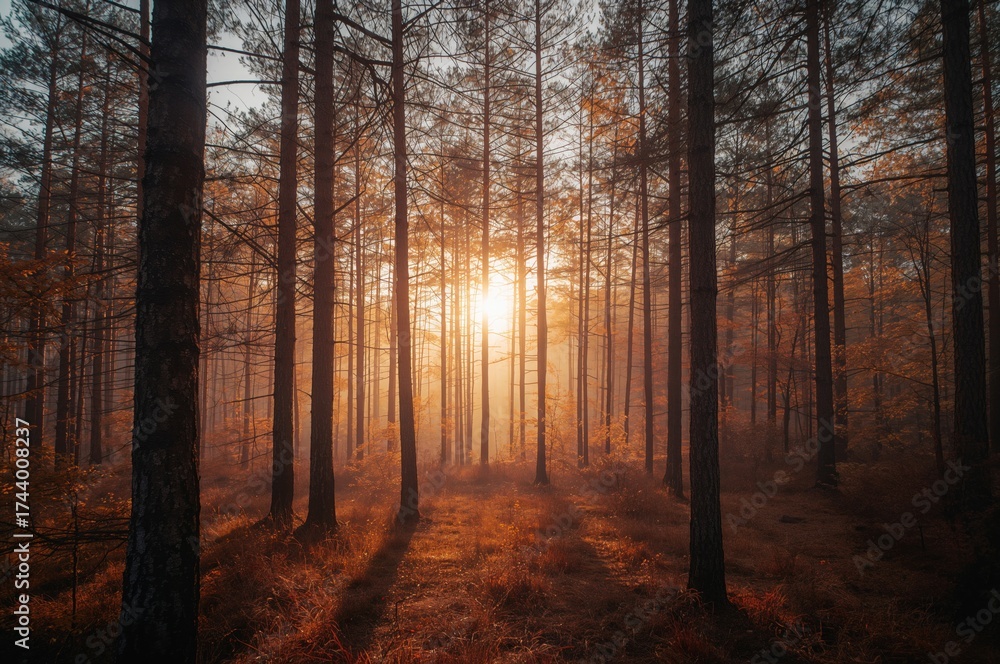 Obraz premium Dawn breaking over a woodland scene with pine trees and autumn colors