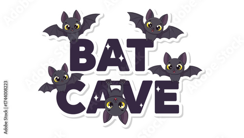 Bat Cave: A playful illustration depicts the words Bat Cave, embellished with cute bat illustrations. Evoking a sense of mystery, Halloween, and nocturnal enchantment.