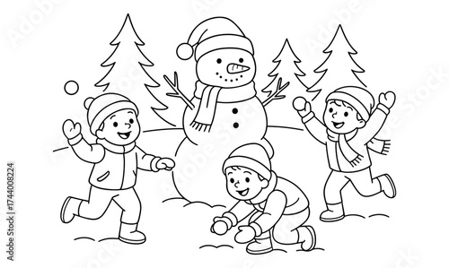 Children playing in snow with snowman in winter wonderland