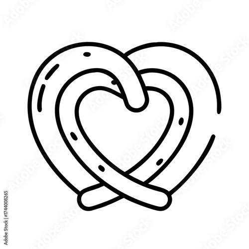 Heart-shaped pretzel icon in minimalist, line art style for Oktoberfest  