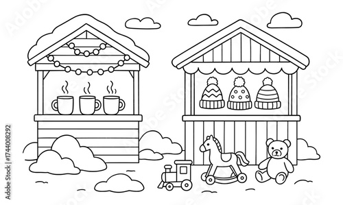 Winter market stalls with hot drinks and toys outline in snowy setting