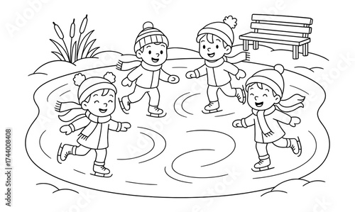 Children ice skating in winter scene with hats and scarves