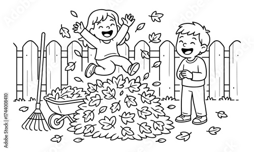 Kids playing in autumn leaves: joyful outdoor fun in black and white
