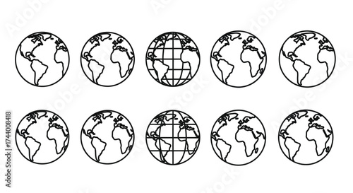 Collection of stylized earth globes showing different continents and grid lines for global representation vector
