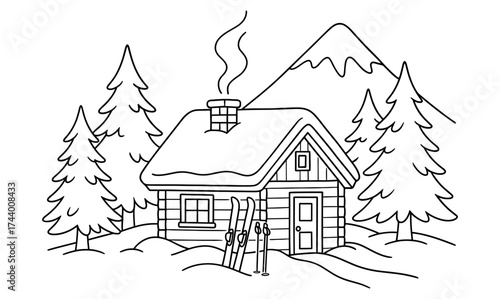 Cozy winter cabin in snowy mountain landscape with fir trees and ski gear