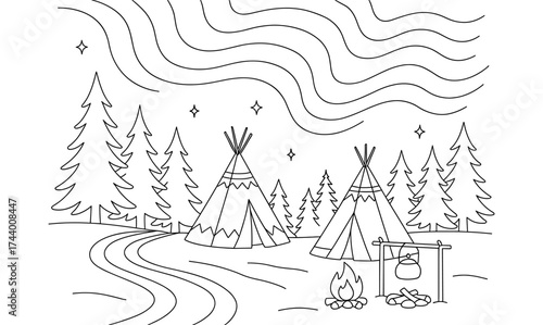 Black and white line art of camping with teepees and pine trees under a starry night sky