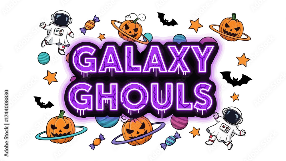 Obraz premium Spooky Galaxy Ghoul's: A vivid illustration featuring the words 'Galaxy Ghoul' with Halloween decorations, perfectly capturing the spirit of fun and spookiness.