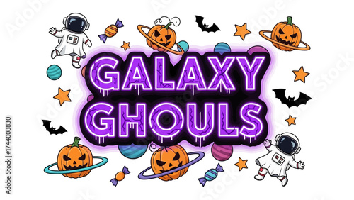 Spooky Galaxy Ghoul's: A vivid illustration featuring the words 'Galaxy Ghoul' with Halloween decorations, perfectly capturing the spirit of fun and spookiness. 