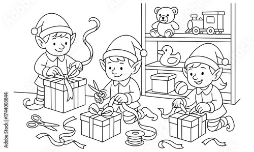 Cute elves wrapping gifts in holiday workshop coloring page