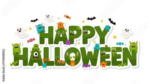 Happy Halloween Greeting: A vibrant and festive Happy Halloween message, adorned with charming monsters, spooky ghosts, and playful bats.