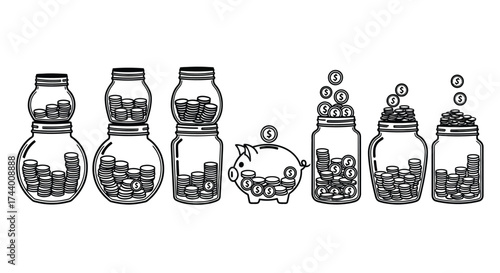 Saving money concepts financial growth piggy bank jars filled with coins artistic sketch style vector