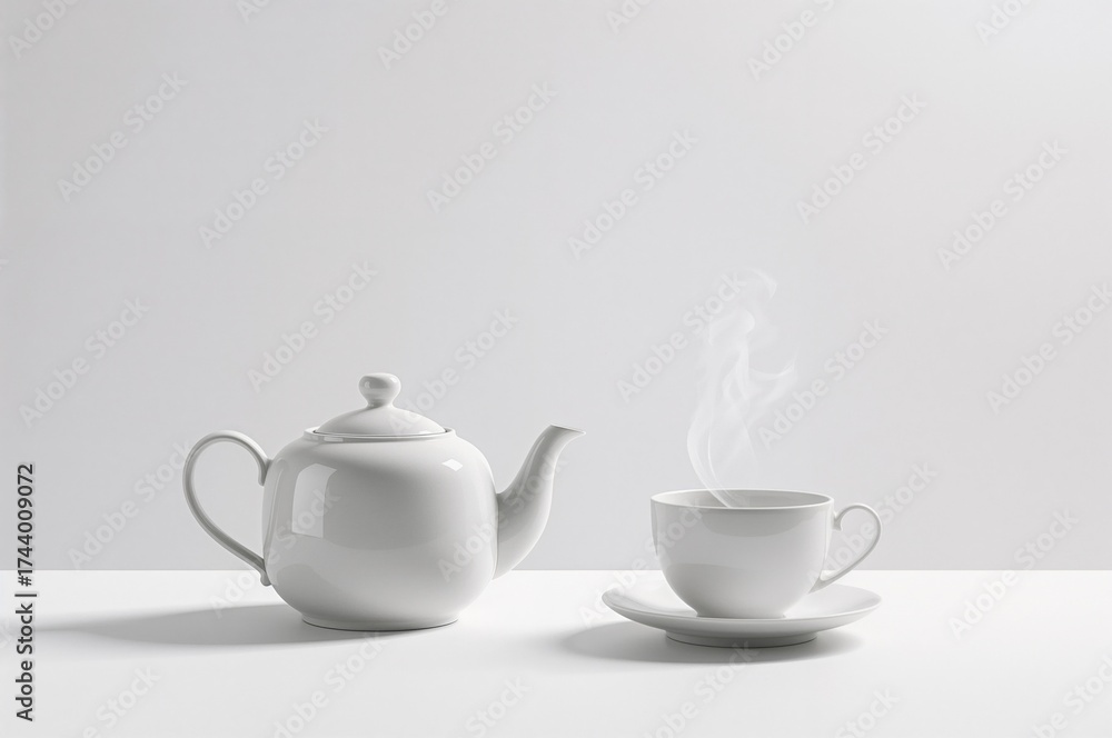 Fototapeta premium White teacup and teapot set against a bright white backdrop