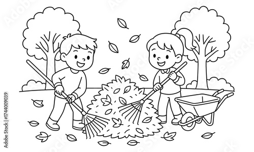 Kids enjoy autumn by raking leaves in a fun outdoor activity scene