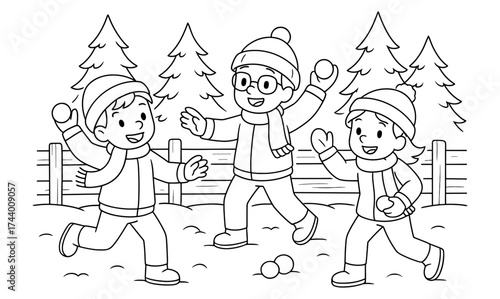 Children playing in snowy park line art with winter clothing and snowballs
