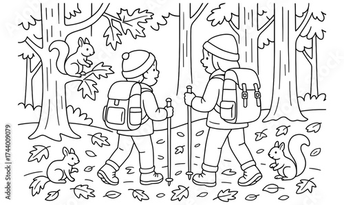 Children hiking in autumn forest outline with animals and trees