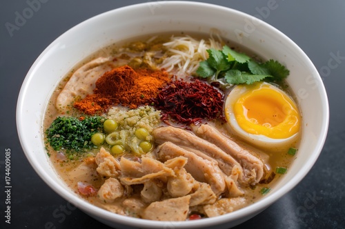 Wallpaper Mural A traditional Asian soup featuring tofu, chicken, boiled egg, and aromatic spices in a white bowl Torontodigital.ca