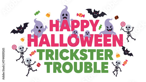 Happy Halloween: Spooky specters and grinning skeletons frolic amidst a vibrant arrangement of holiday treats and ominous bats, all framed by the spirited phrase Happy Halloween.