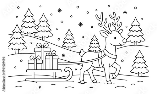 Festive winter scene with reindeer pulling gift-laden sleigh in snowy forest