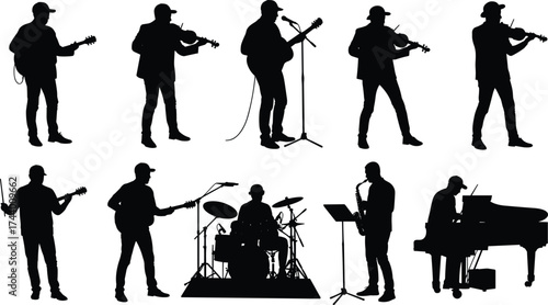 Black silhouette band musicians vector illustration with guitarist, violinist, drummer, pianist, saxophone player performing live concert music on stage