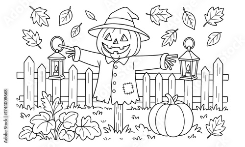 Halloween coloring page: scarecrow with lanterns and autumn leaves in a pumpkin patch scene