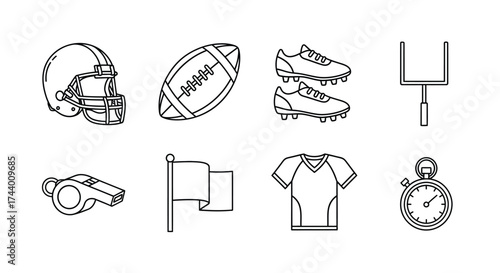 American football sports equipment sketch set helmet ball cleats goalpost whistle stopwatch jersey vector