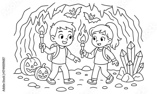 Children exploring cave adventure with halloween pumpkins and crystal gems