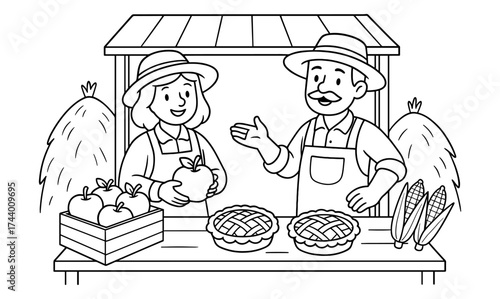 Farmers market stall with fresh produce and homemade pies in black and white line art style