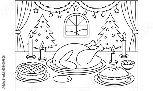 Festive holiday feast table in monochrome with christmas decor