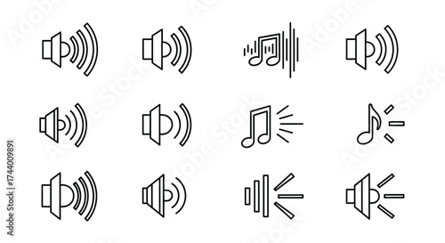 Collection of twelve speaker and music note icons representing audio sound and volume levels vector